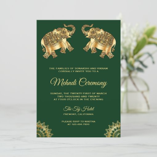 Green Gold Elephants Indian Henna Mehndi Ceremony Invitation Zazzle