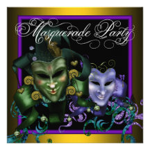 Green Gold Purple Masquerade Party Invitations