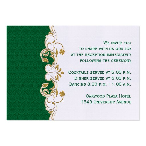 Green, Gold, White Scroll Reception Enclosure Card Business Card (front side)