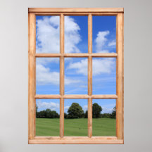 Green Grass, Trees and Blue Sky View from a Window Poster