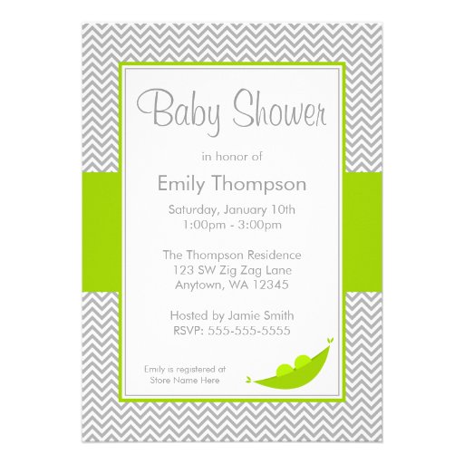 Green Gray Chevron Pea Pod Baby Shower Invitations