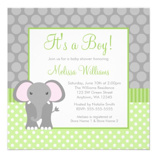 Green Gray Elephant Polka Dot Boy Baby Shower Custom Invite