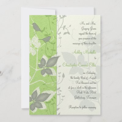 Green Grey Ivory Vines Birds Wedding Invitation by wasootch