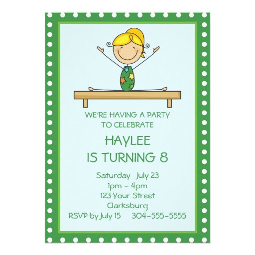 Green Gymnastics Birthday Party Invites