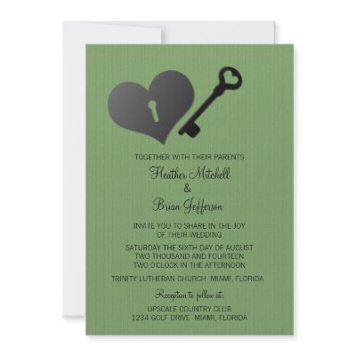 Green Heart Lock and Key Wedding Invite