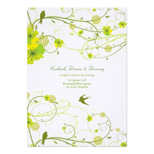 Green Hibiscus Swirl & Swallows Wedding Invite