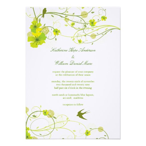 Green Hibiscus Swirl & Swallows Wedding Invite
