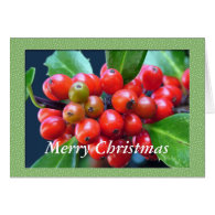 Green holly leaves and red berries Christmas Cards