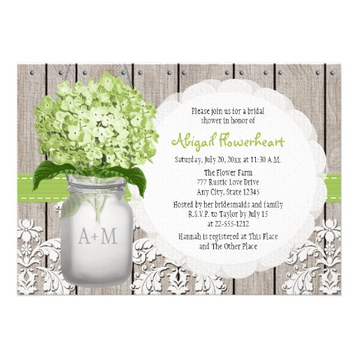 Green Hydrangea Monogram Mason Jar Bridal Shower Custom Announcement (front side)