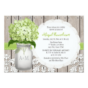 Green Hydrangea Monogram Mason Jar Bridal Shower 5x7 Paper Invitation Card