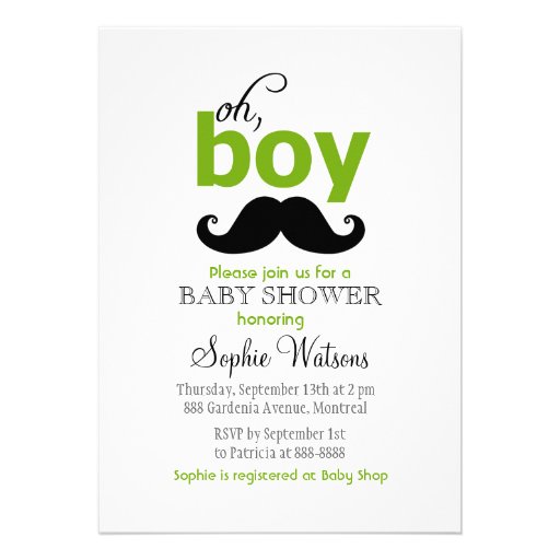 Green It's a Boy Mustache Baby Shower Invitations