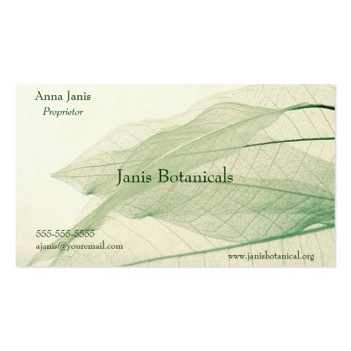 green leaf skeletons business card (front side)
