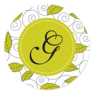 Green leaves and spiral with "G" monogram Round Sticker
