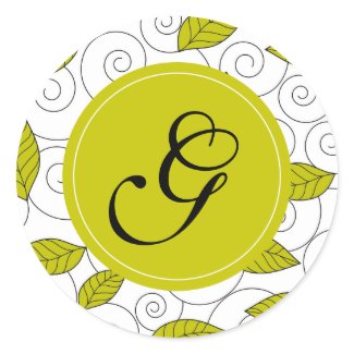 Green leaves and spiral with "G" monogram Round Sticker