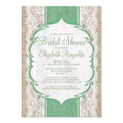 Green Linen Burlap Lace Bridal Shower Invitations