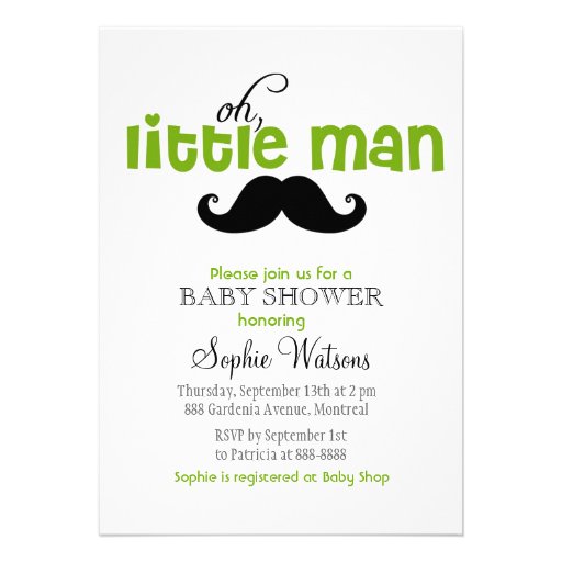 Green Little Man Mustache Baby Shower Invitations