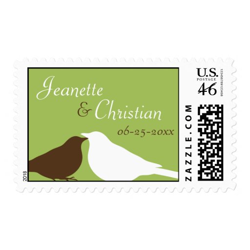 Green love birds pair custom name wedding postage