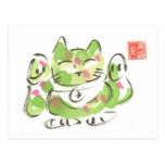 Green Lucky Cat Maneki Neko Postcard