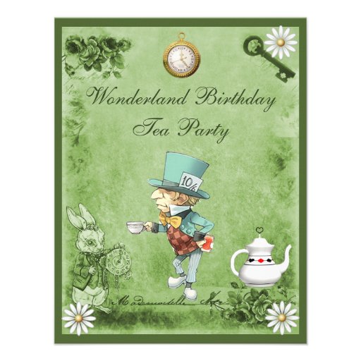 Green Mad Hatter Wonderland Birthday Tea Party Invitation (front side)