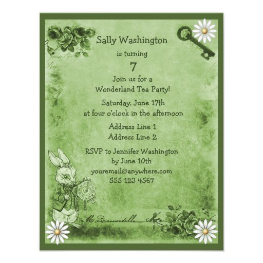 Green Mad Hatter Wonderland Birthday Tea Party Invitation