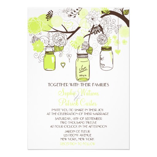 Green Mason Jars & Flowers Wedding Invitation