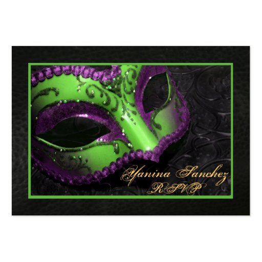 Green Masquerade RSVP Business Cards (front side)