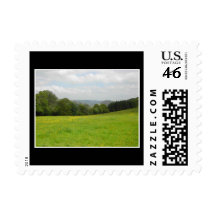 Green meadow. Countryside scenery. Postage