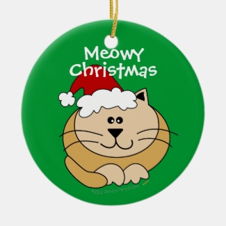 Green Meowy Christmas Cat with Santa Hat Cute