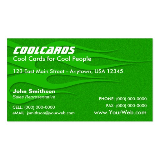 Green Metal Flake (simulated) Flames Business Card (front side)