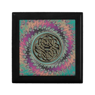 Green Metallic Celtic Knot on Warm Fractal Swirl