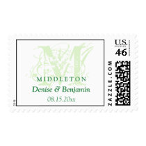 Green monogram antique chic custom wedding postage stamps