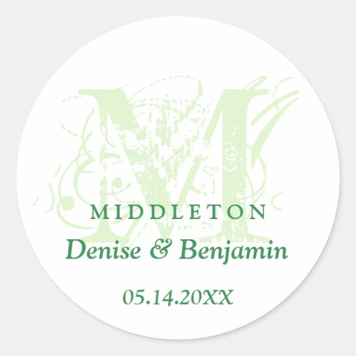 Green monogram antique chic label wedding favor round stickers