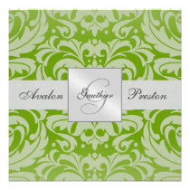 Green Monogram Damask Wedding Invitation