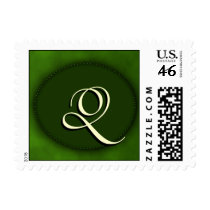 Green monogram in Oval - cream font - Letter Q postage