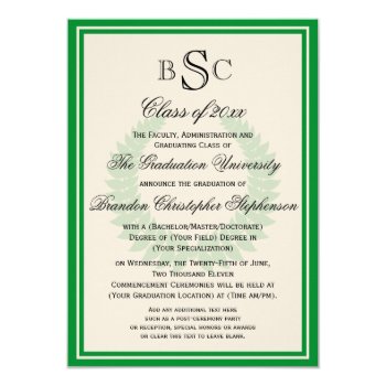 Green Monogram Laurel Classic College Graduation 4.5x6.25 Paper Invitation Card by CustomInvites at Zazzle