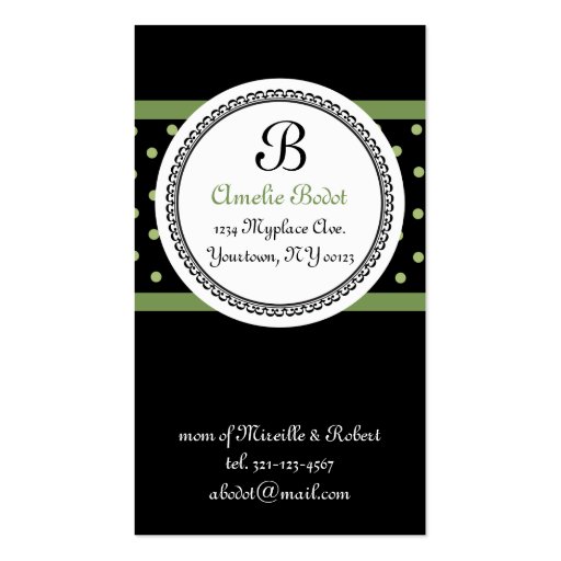 green MONOGRAM mommy calling card Business Card Template (front side)