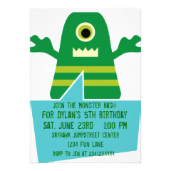 Green Monster Birthday Party Invitations White