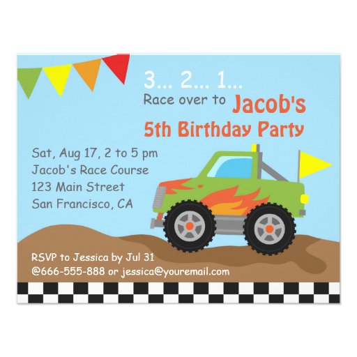 Green Monster Truck Birthday Party Custom Invites