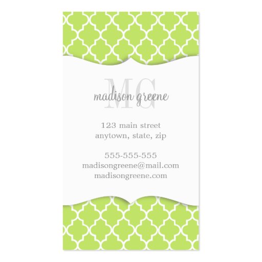 Green Moroccan Tiles Lattice Personalized Business Card (back side)