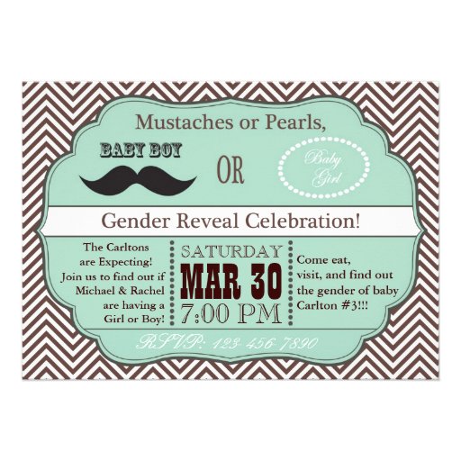Green Mustaches or Pearls Gender Reveal Invites (front side)
