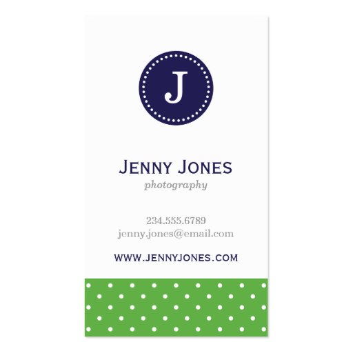Green & Navy Blue Cute Polka Dots Monogram Business Card Templates (front side)