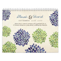 Green & Navy Blue Flowers Wedding Photo Guest Book Wall Calendar