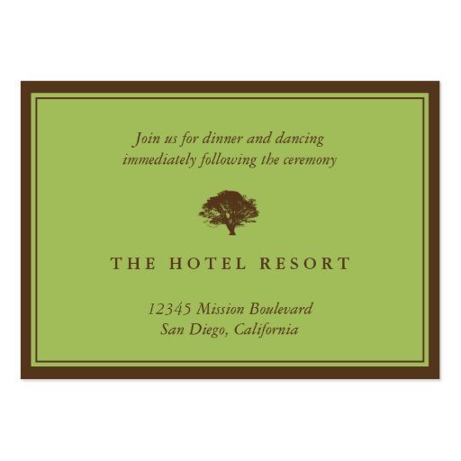 Green oak tree wedding reception enclosure cards business card template (front side)
