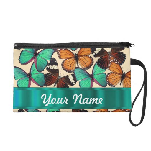 Green & orange butterflies wristlet