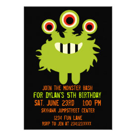 Green Orange Monster Birthday Party Invitations