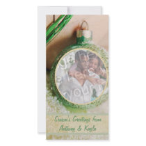 Green Ornament And Snow Photo Holiday Card Personalized Photo Card