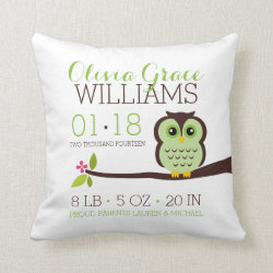 Green Owl Baby Birth Announcement Throw Pillow