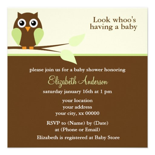 Green Owl Baby Shower Announcements (front side)