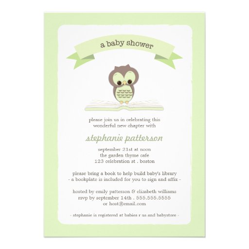 Green Owl Bring a Book Baby Shower Invitation (front side)