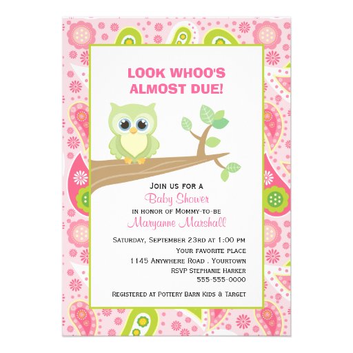 Green Owl on Tree Branch Baby Shower Invitation